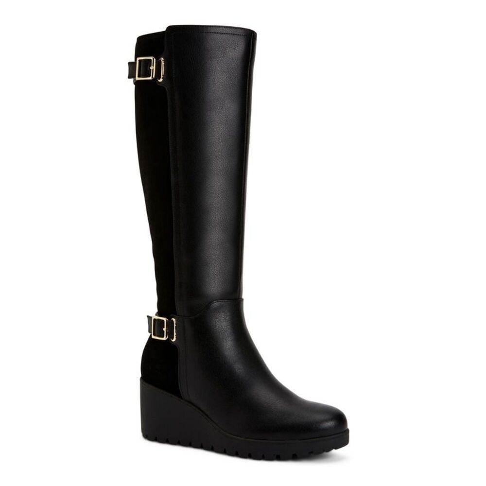 GIANI BERNINI Womens Black 0.5" Platform Sannaa Wedge Leather Boots Shoes 8.5 WC